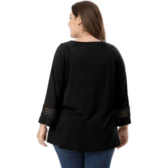 Women's Plus Size Crochet Panel Kimono Raglan Sleeves Tops Black - Picture 5 of 6
